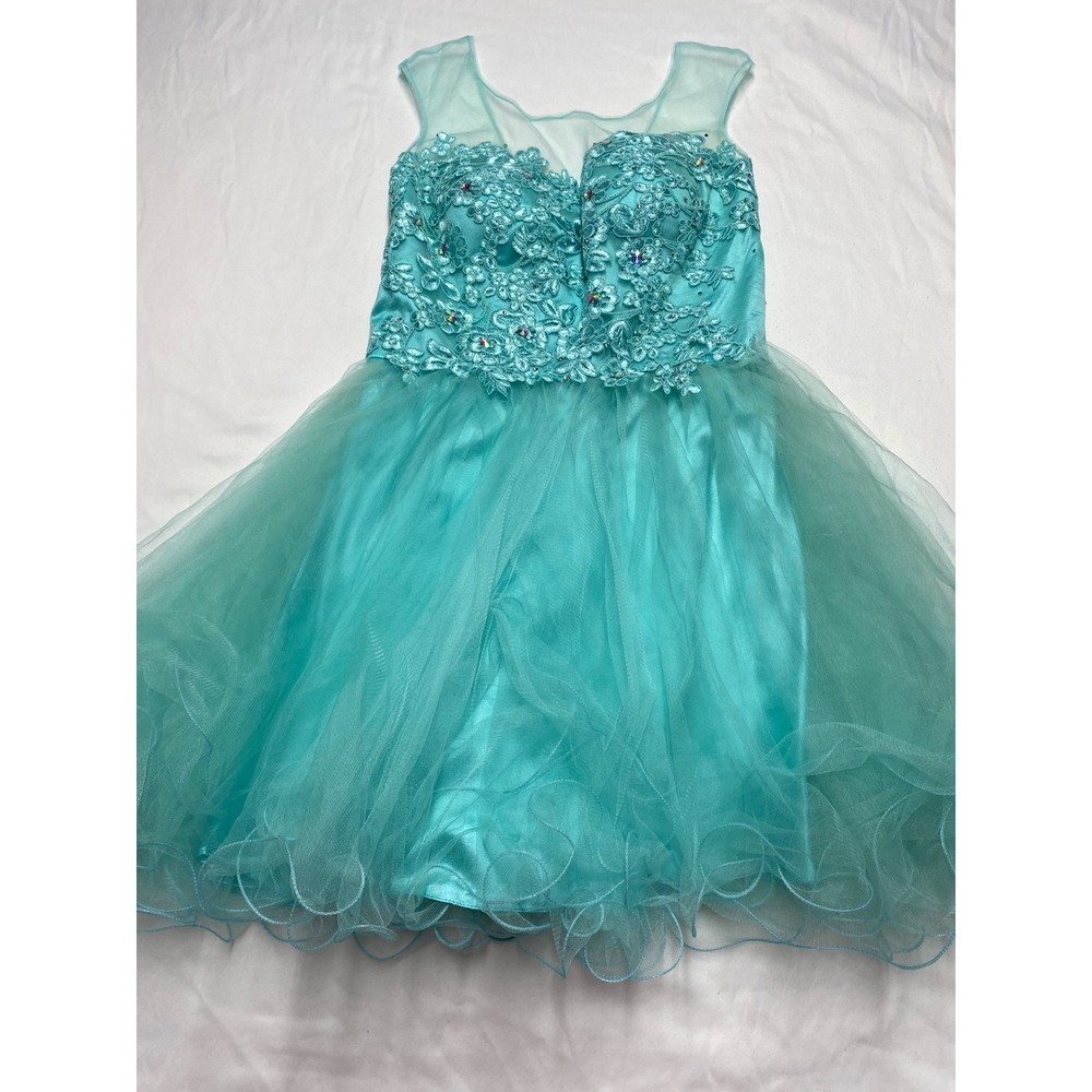 Dancing Queen Aqua Tulle Floral Applique Rhinestone Homecoming Dress Medium 1888